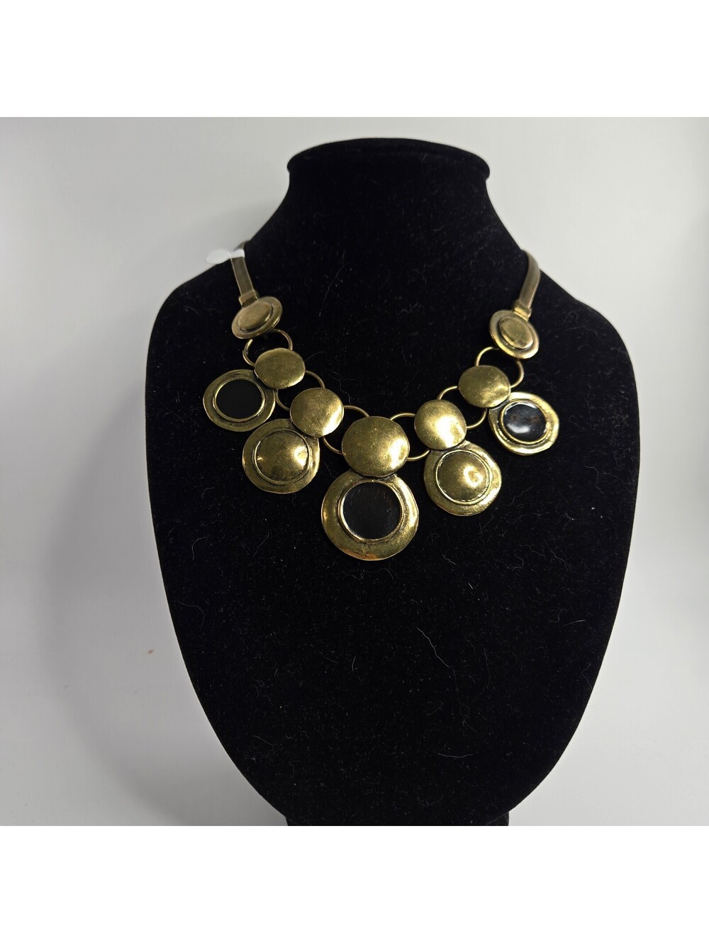 Vintage Brutalist Gold Tone Black Enamel Statement Bib Runway Bold Necklace